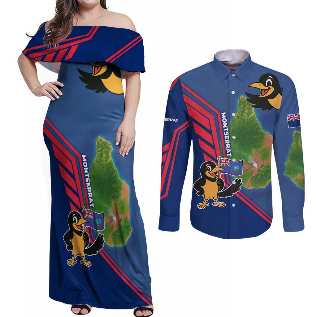 Montserrat Couples Matching Off Shoulder Maxi Dress and Long Sleeve Button Shirt with Cartoon Bird and Island Map Blue Red Stripe Design - Wonder Print Shop