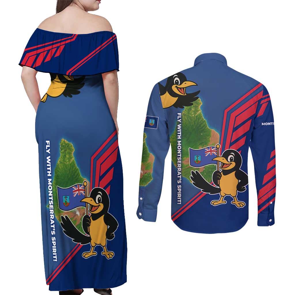 Montserrat Couples Matching Off Shoulder Maxi Dress and Long Sleeve Button Shirt with Cartoon Bird and Island Map Blue Red Stripe Design - Wonder Print Shop