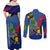 Montserrat Couples Matching Off Shoulder Maxi Dress and Long Sleeve Button Shirt with Cartoon Bird and Island Map Blue Red Stripe Design - Wonder Print Shop