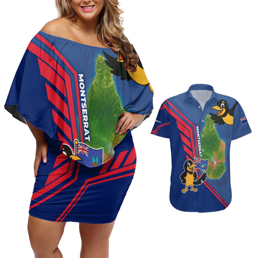 Montserrat Couples Matching Off Shoulder Short Dress and Hawaiian Shirt with Cartoon Bird and Island Map Blue Red Stripe Design - Wonder Print Shop