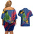 Montserrat Couples Matching Off Shoulder Short Dress and Hawaiian Shirt with Cartoon Bird and Island Map Blue Red Stripe Design - Wonder Print Shop