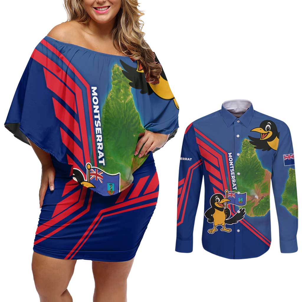 Montserrat Couples Matching Off Shoulder Short Dress and Long Sleeve Button Shirt with Cartoon Bird and Island Map Blue Red Stripe Design - Wonder Print Shop