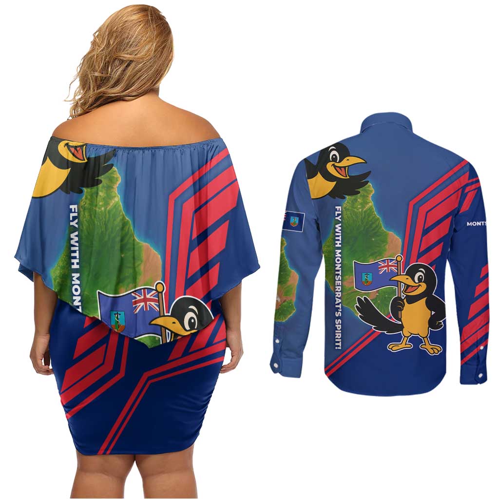 Montserrat Couples Matching Off Shoulder Short Dress and Long Sleeve Button Shirt with Cartoon Bird and Island Map Blue Red Stripe Design - Wonder Print Shop