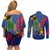 Montserrat Couples Matching Off Shoulder Short Dress and Long Sleeve Button Shirt with Cartoon Bird and Island Map Blue Red Stripe Design - Wonder Print Shop