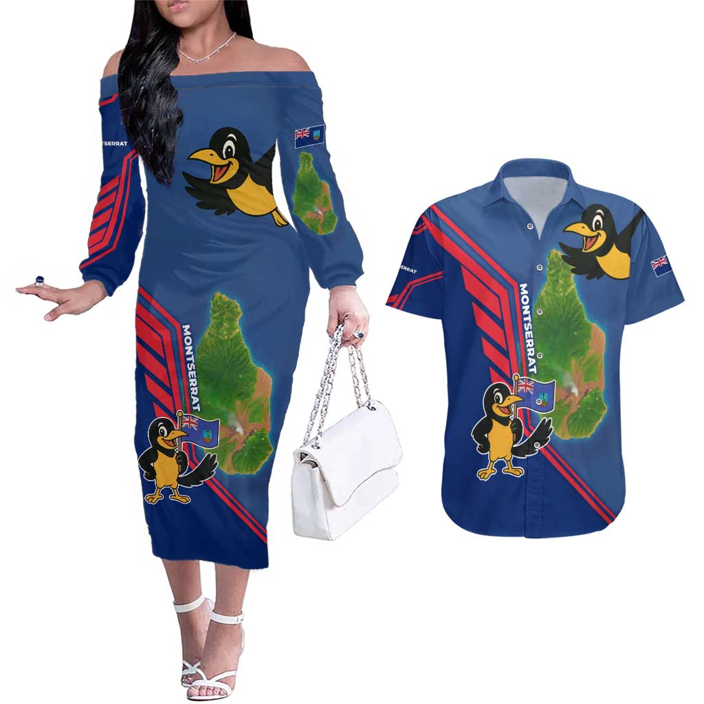 Montserrat Couples Matching Off The Shoulder Long Sleeve Dress and Hawaiian Shirt with Cartoon Bird and Island Map Blue Red Stripe Design - Wonder Print Shop