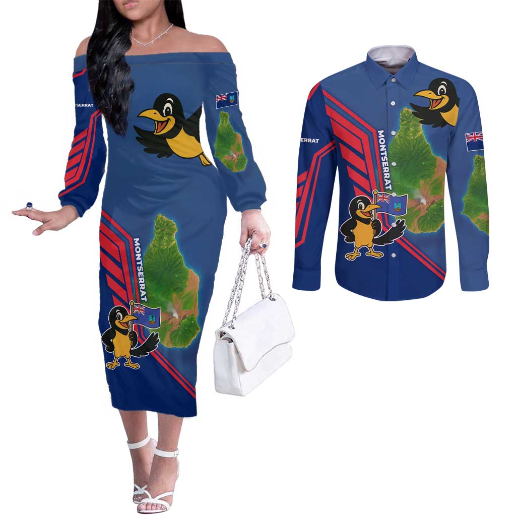 Montserrat Couples Matching Off The Shoulder Long Sleeve Dress and Long Sleeve Button Shirt with Cartoon Bird and Island Map Blue Red Stripe Design - Wonder Print Shop