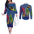 Montserrat Couples Matching Off The Shoulder Long Sleeve Dress and Long Sleeve Button Shirt with Cartoon Bird and Island Map Blue Red Stripe Design - Wonder Print Shop