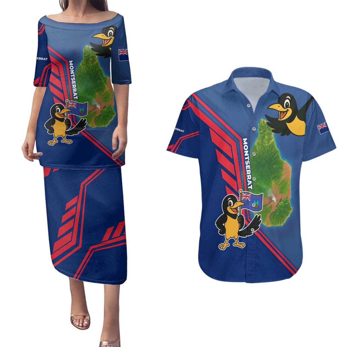 Montserrat Couples Matching Puletasi and Hawaiian Shirt with Cartoon Bird and Island Map Blue Red Stripe Design - Wonder Print Shop