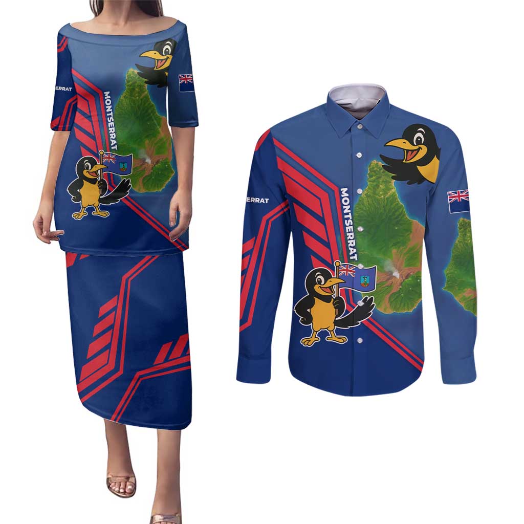 Montserrat Couples Matching Puletasi and Long Sleeve Button Shirt with Cartoon Bird and Island Map Blue Red Stripe Design - Wonder Print Shop