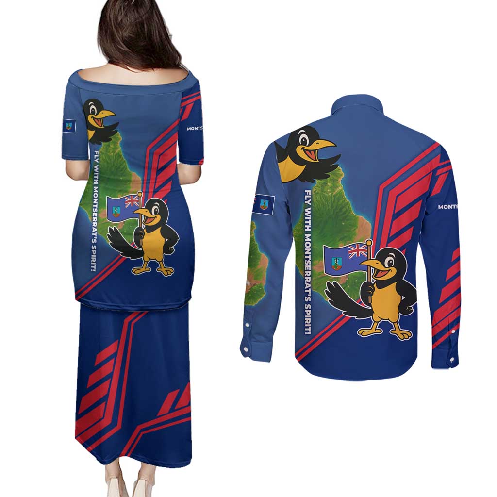 Montserrat Couples Matching Puletasi and Long Sleeve Button Shirt with Cartoon Bird and Island Map Blue Red Stripe Design - Wonder Print Shop