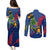 Montserrat Couples Matching Puletasi and Long Sleeve Button Shirt with Cartoon Bird and Island Map Blue Red Stripe Design - Wonder Print Shop