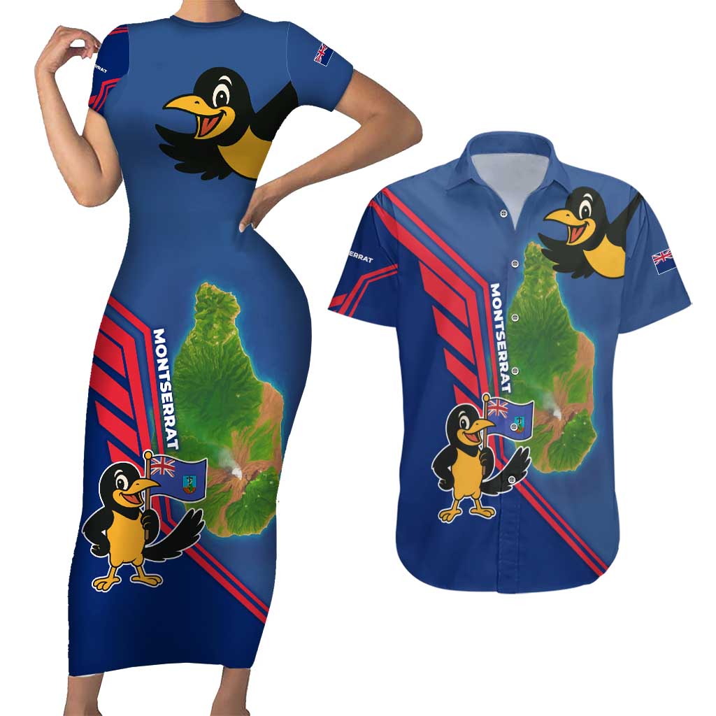 Montserrat Couples Matching Short Sleeve Bodycon Dress and Hawaiian Shirt with Cartoon Bird and Island Map Blue Red Stripe Design - Wonder Print Shop