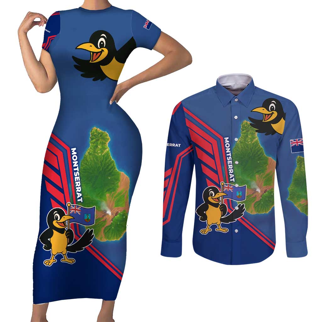 Montserrat Couples Matching Short Sleeve Bodycon Dress and Long Sleeve Button Shirt with Cartoon Bird and Island Map Blue Red Stripe Design - Wonder Print Shop