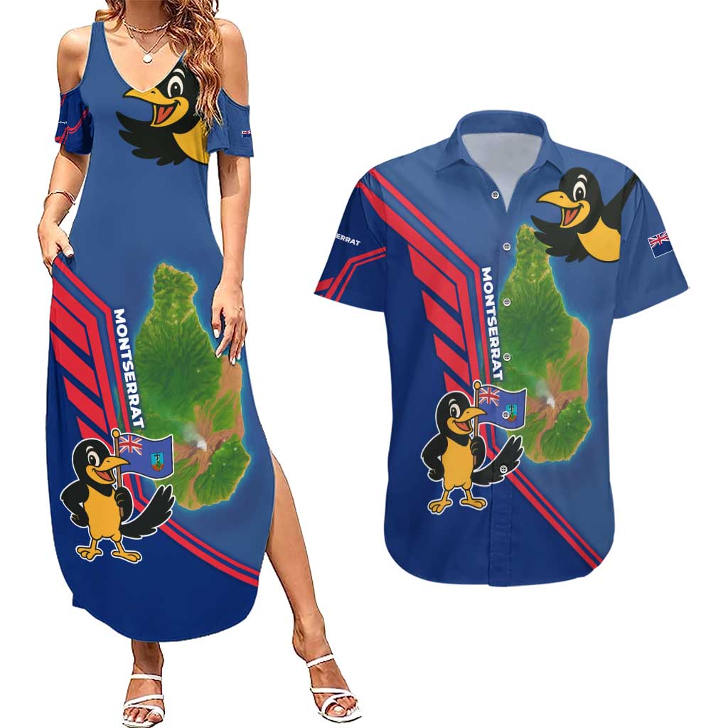 Montserrat Couples Matching Summer Maxi Dress and Hawaiian Shirt with Cartoon Bird and Island Map Blue Red Stripe Design - Wonder Print Shop
