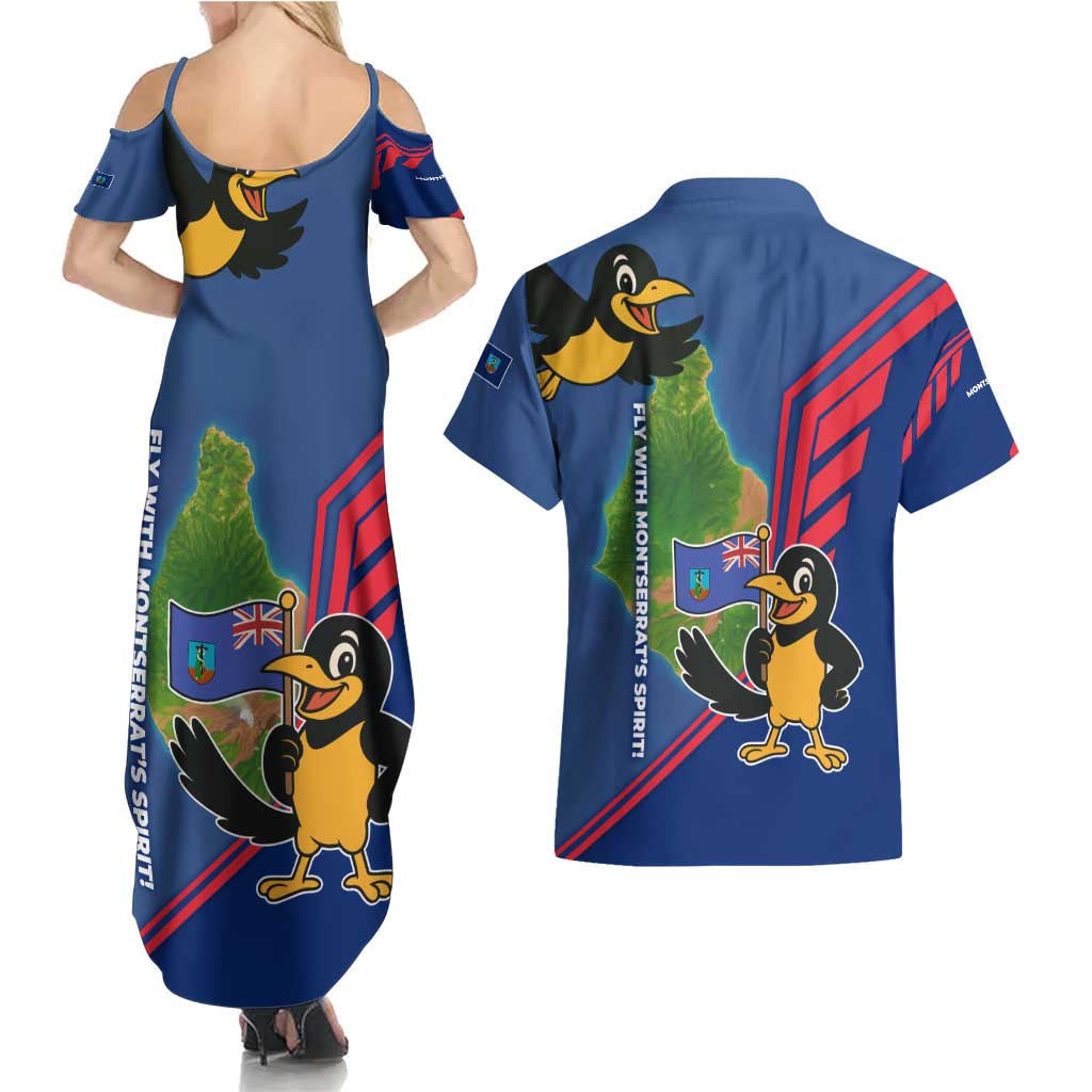 Montserrat Couples Matching Summer Maxi Dress and Hawaiian Shirt with Cartoon Bird and Island Map Blue Red Stripe Design - Wonder Print Shop