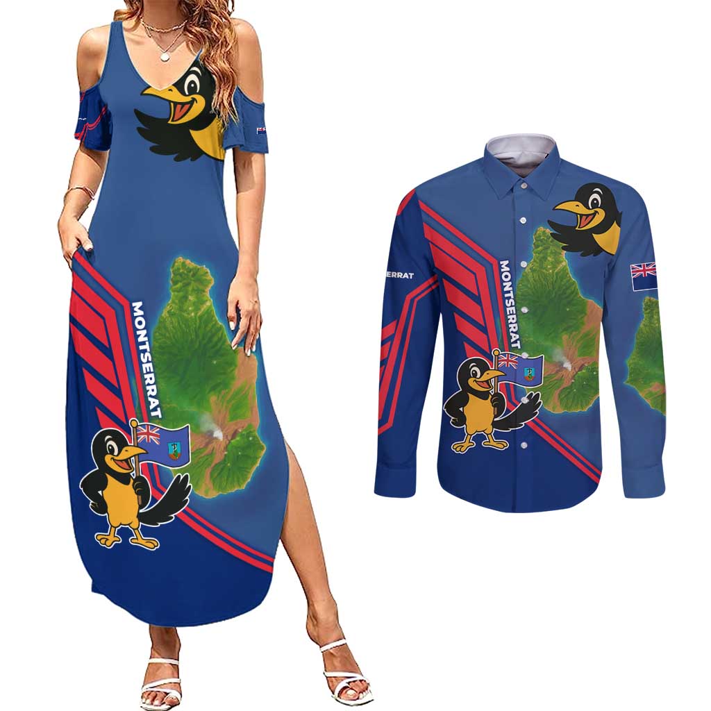 Montserrat Couples Matching Summer Maxi Dress and Long Sleeve Button Shirt with Cartoon Bird and Island Map Blue Red Stripe Design - Wonder Print Shop
