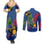 Montserrat Couples Matching Summer Maxi Dress and Long Sleeve Button Shirt with Cartoon Bird and Island Map Blue Red Stripe Design - Wonder Print Shop