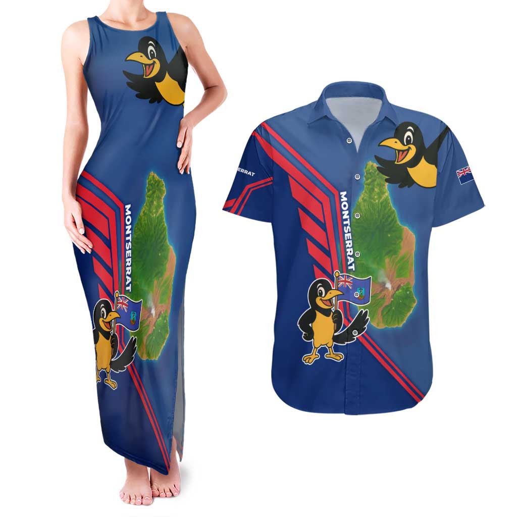 Montserrat Couples Matching Tank Maxi Dress and Hawaiian Shirt with Cartoon Bird and Island Map Blue Red Stripe Design - Wonder Print Shop
