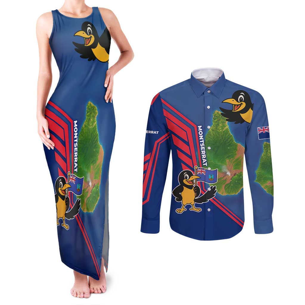 Montserrat Couples Matching Tank Maxi Dress and Long Sleeve Button Shirt with Cartoon Bird and Island Map Blue Red Stripe Design - Wonder Print Shop