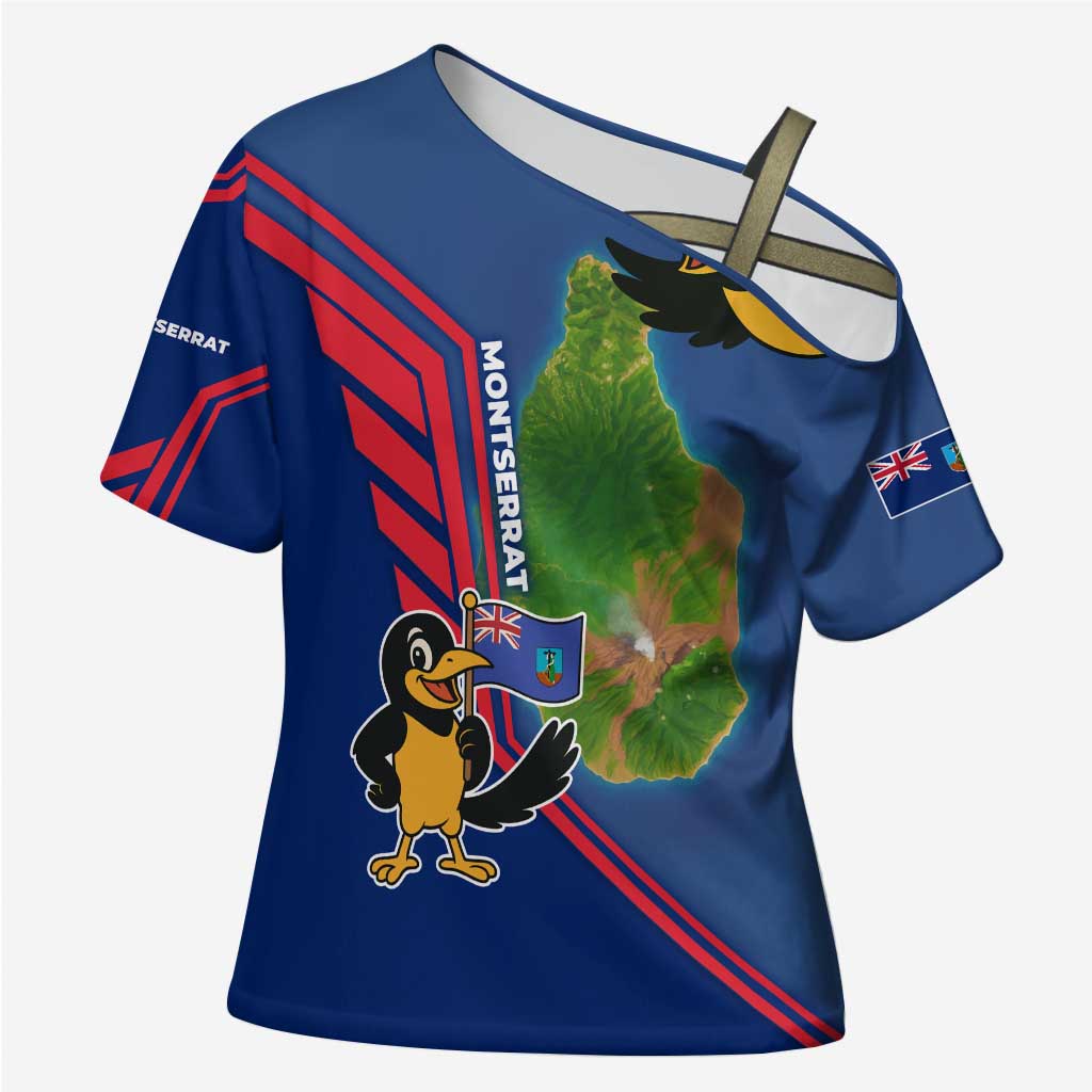 Montserrat Cross Shoulder Shirt with Cartoon Bird and Island Map Blue Red Stripe Design - Wonder Print Shop