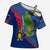 Montserrat Cross Shoulder Shirt with Cartoon Bird and Island Map Blue Red Stripe Design - Wonder Print Shop