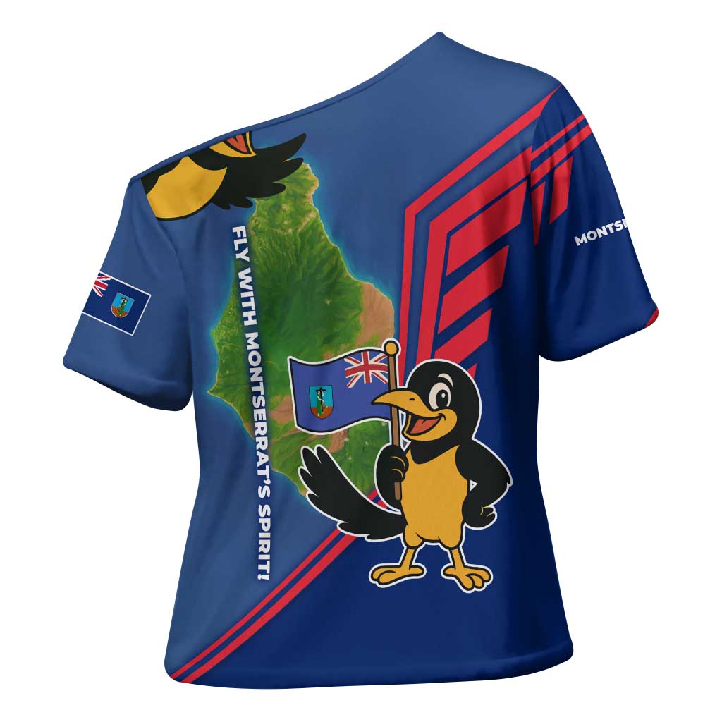 Montserrat Cross Shoulder Shirt with Cartoon Bird and Island Map Blue Red Stripe Design - Wonder Print Shop