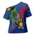 Montserrat Cross Shoulder Shirt with Cartoon Bird and Island Map Blue Red Stripe Design - Wonder Print Shop