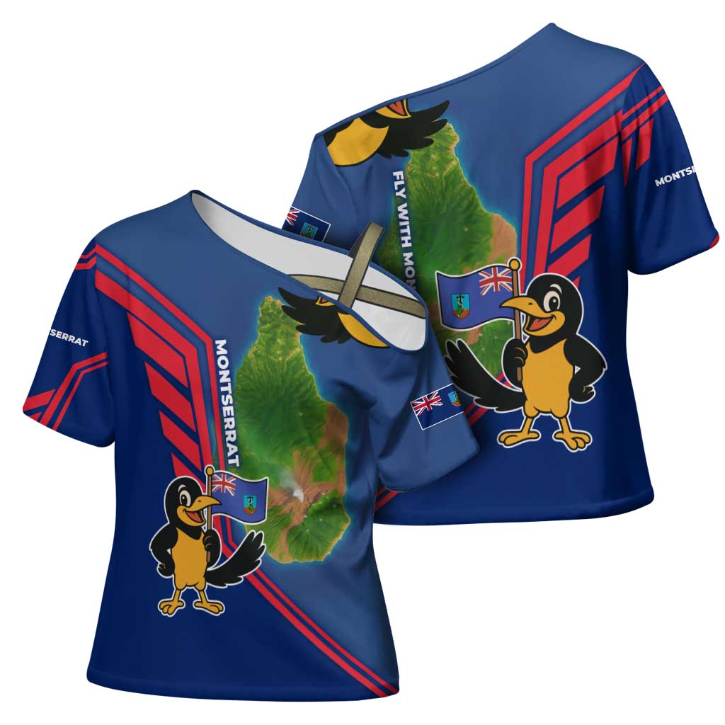 Montserrat Cross Shoulder Shirt with Cartoon Bird and Island Map Blue Red Stripe Design - Wonder Print Shop