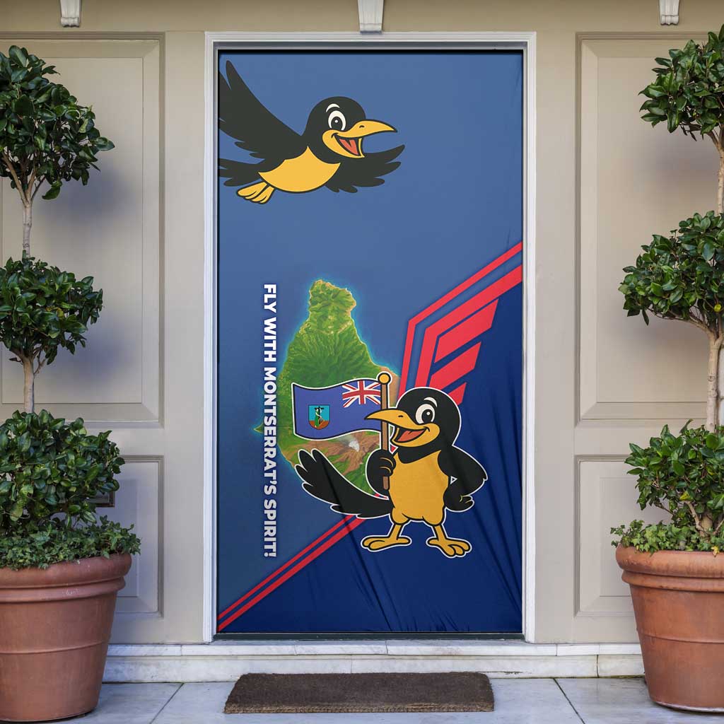 Montserrat Door Cover with Cartoon Bird and Island Map Blue Red Stripe Design - Wonder Print Shop