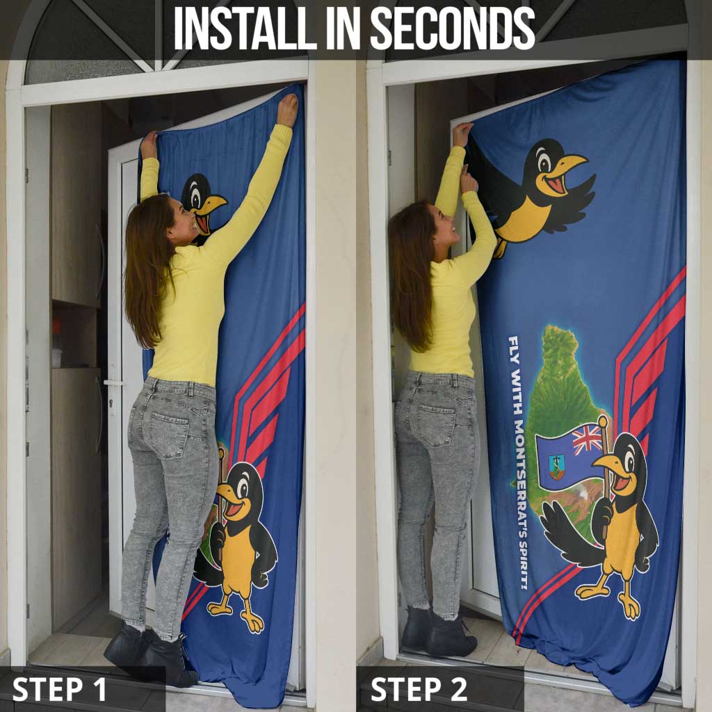 Montserrat Door Cover with Cartoon Bird and Island Map Blue Red Stripe Design - Wonder Print Shop