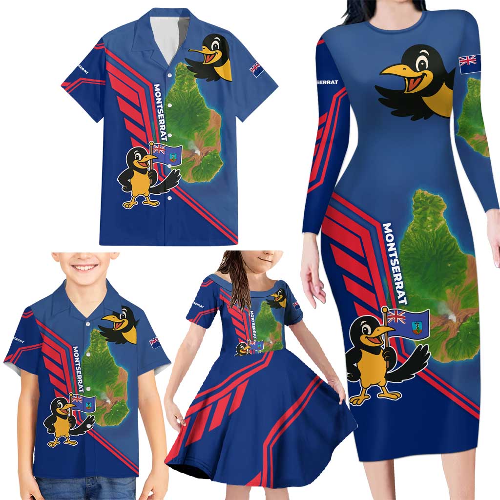 Montserrat Family Matching Long Sleeve Bodycon Dress and Hawaiian Shirt with Cartoon Bird and Island Map Blue Red Stripe Design - Wonder Print Shop