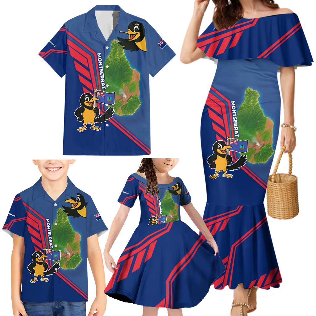 Montserrat Family Matching Mermaid Dress and Hawaiian Shirt with Cartoon Bird and Island Map Blue Red Stripe Design - Wonder Print Shop