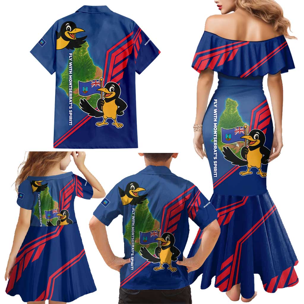 Montserrat Family Matching Mermaid Dress and Hawaiian Shirt with Cartoon Bird and Island Map Blue Red Stripe Design - Wonder Print Shop