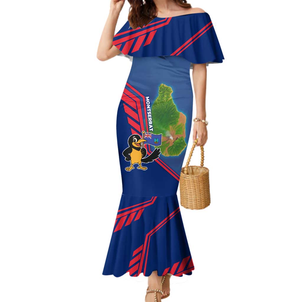 Montserrat Family Matching Mermaid Dress and Hawaiian Shirt with Cartoon Bird and Island Map Blue Red Stripe Design - Wonder Print Shop