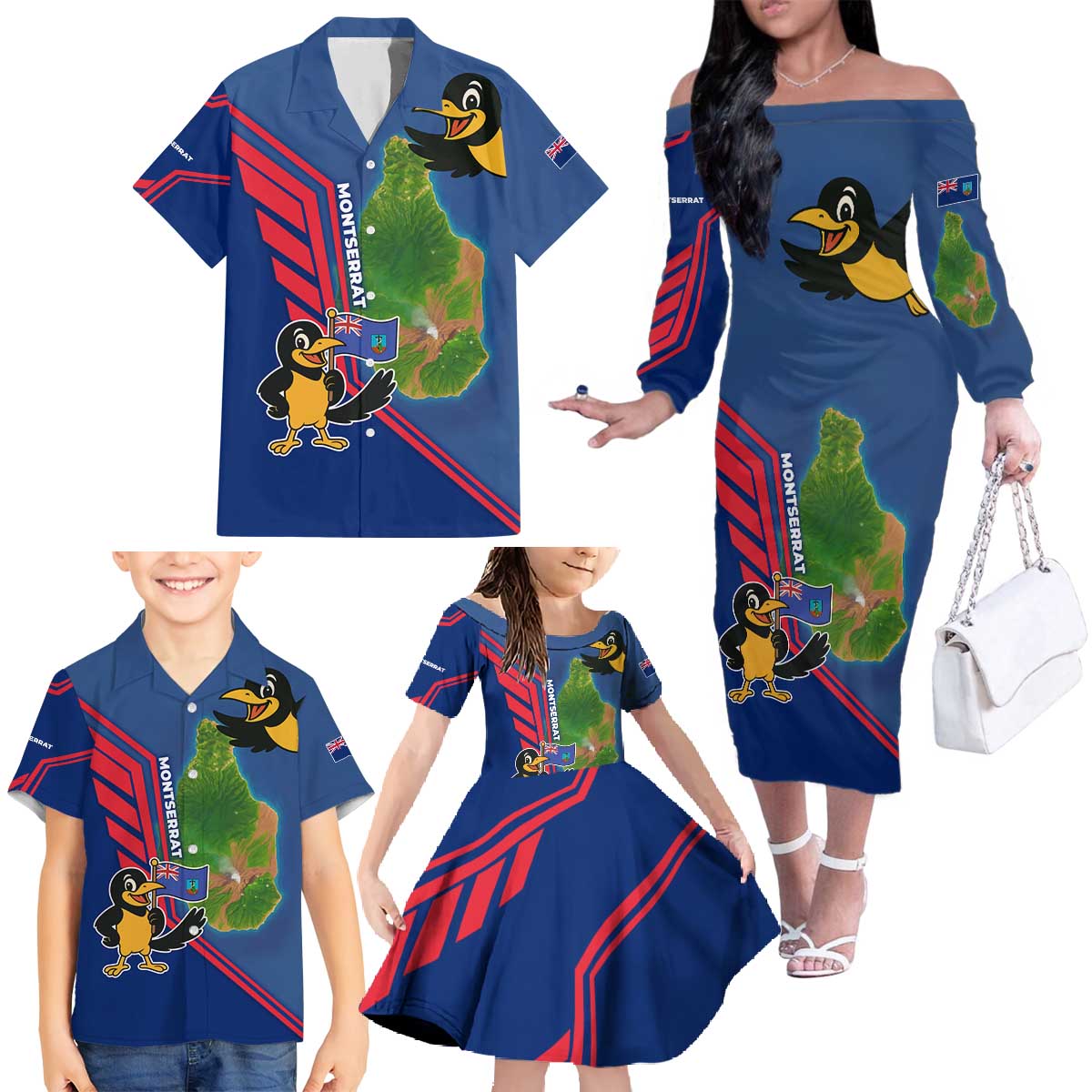 Montserrat Family Matching Off The Shoulder Long Sleeve Dress and Hawaiian Shirt with Cartoon Bird and Island Map Blue Red Stripe Design - Wonder Print Shop