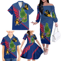 Montserrat Family Matching Off The Shoulder Long Sleeve Dress and Hawaiian Shirt with Cartoon Bird and Island Map Blue Red Stripe Design - Wonder Print Shop