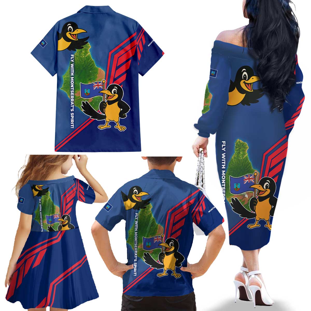 Montserrat Family Matching Off The Shoulder Long Sleeve Dress and Hawaiian Shirt with Cartoon Bird and Island Map Blue Red Stripe Design - Wonder Print Shop