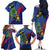 Montserrat Family Matching Off The Shoulder Long Sleeve Dress and Hawaiian Shirt with Cartoon Bird and Island Map Blue Red Stripe Design - Wonder Print Shop