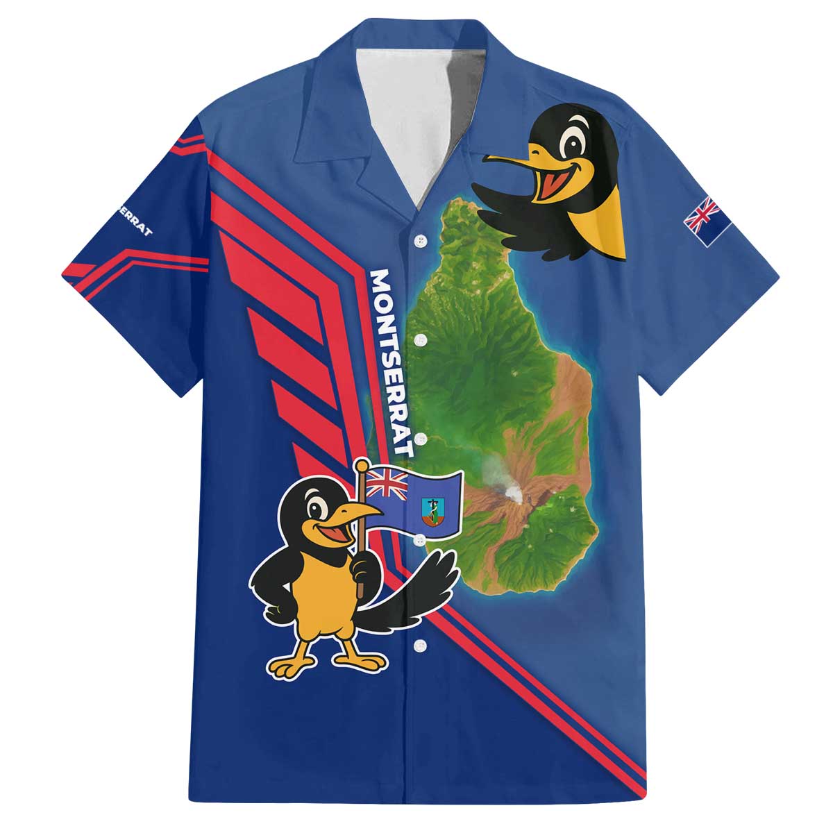 Montserrat Family Matching Off The Shoulder Long Sleeve Dress and Hawaiian Shirt with Cartoon Bird and Island Map Blue Red Stripe Design - Wonder Print Shop