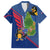 Montserrat Family Matching Off The Shoulder Long Sleeve Dress and Hawaiian Shirt with Cartoon Bird and Island Map Blue Red Stripe Design - Wonder Print Shop