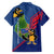 Montserrat Family Matching Off The Shoulder Long Sleeve Dress and Hawaiian Shirt with Cartoon Bird and Island Map Blue Red Stripe Design - Wonder Print Shop