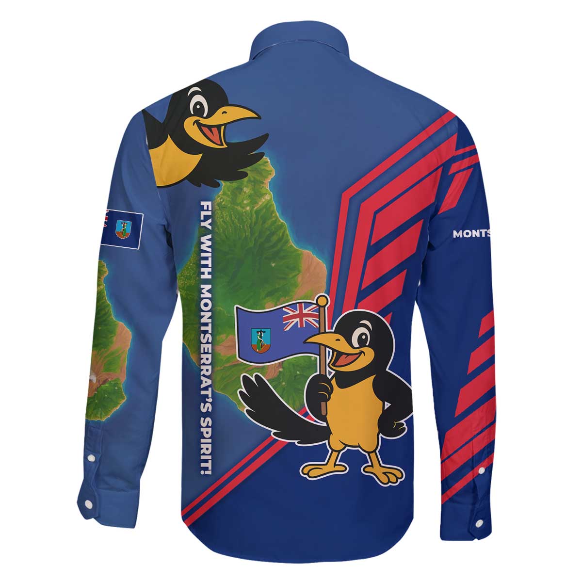 Montserrat Family Matching Off The Shoulder Long Sleeve Dress and Hawaiian Shirt with Cartoon Bird and Island Map Blue Red Stripe Design - Wonder Print Shop