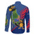 Montserrat Family Matching Off The Shoulder Long Sleeve Dress and Hawaiian Shirt with Cartoon Bird and Island Map Blue Red Stripe Design - Wonder Print Shop