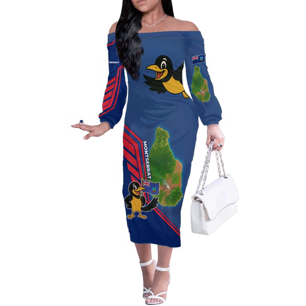 Montserrat Family Matching Off The Shoulder Long Sleeve Dress and Hawaiian Shirt with Cartoon Bird and Island Map Blue Red Stripe Design - Wonder Print Shop