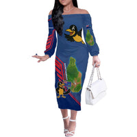 Montserrat Family Matching Off The Shoulder Long Sleeve Dress and Hawaiian Shirt with Cartoon Bird and Island Map Blue Red Stripe Design - Wonder Print Shop
