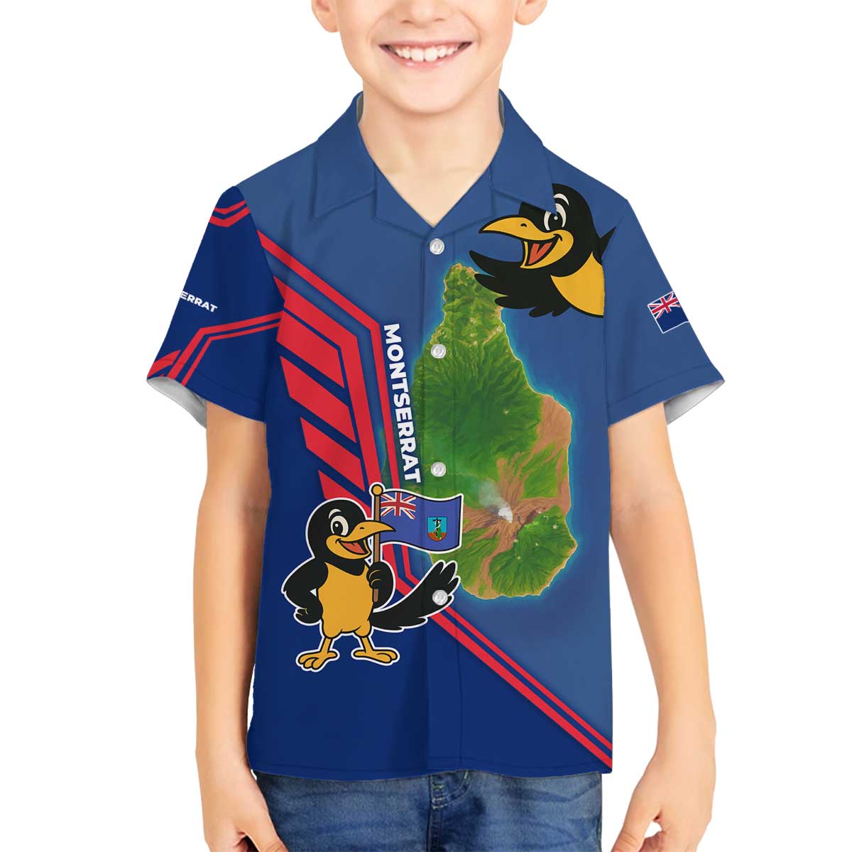 Montserrat Family Matching Off The Shoulder Long Sleeve Dress and Hawaiian Shirt with Cartoon Bird and Island Map Blue Red Stripe Design - Wonder Print Shop