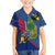 Montserrat Family Matching Off The Shoulder Long Sleeve Dress and Hawaiian Shirt with Cartoon Bird and Island Map Blue Red Stripe Design - Wonder Print Shop