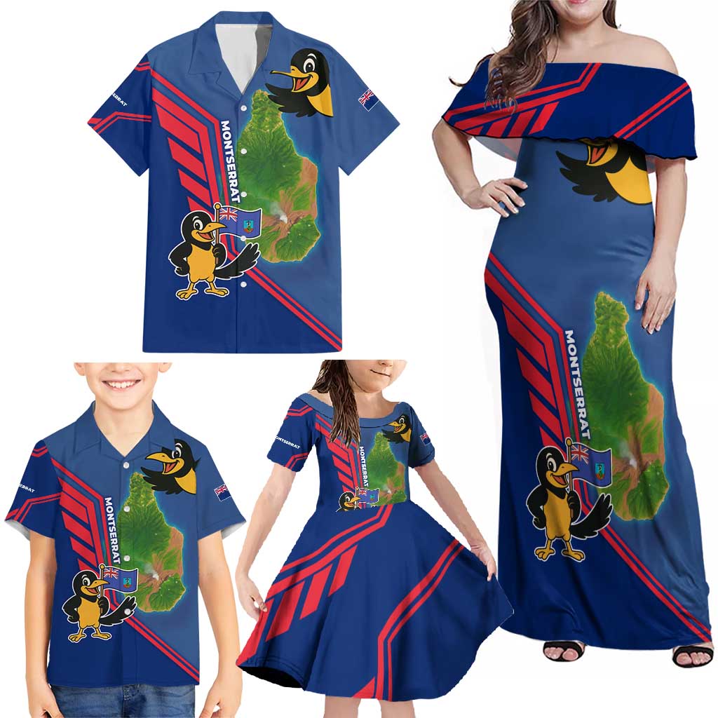 Montserrat Family Matching Off Shoulder Maxi Dress and Hawaiian Shirt with Cartoon Bird and Island Map Blue Red Stripe Design - Wonder Print Shop