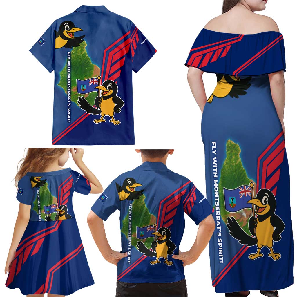 Montserrat Family Matching Off Shoulder Maxi Dress and Hawaiian Shirt with Cartoon Bird and Island Map Blue Red Stripe Design - Wonder Print Shop
