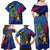 Montserrat Family Matching Off Shoulder Maxi Dress and Hawaiian Shirt with Cartoon Bird and Island Map Blue Red Stripe Design - Wonder Print Shop